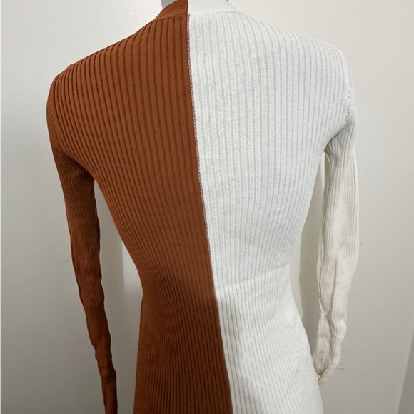 STAUD Long Sleeve Ribbed Dress in Cream and Brown - Picture 4 of 7